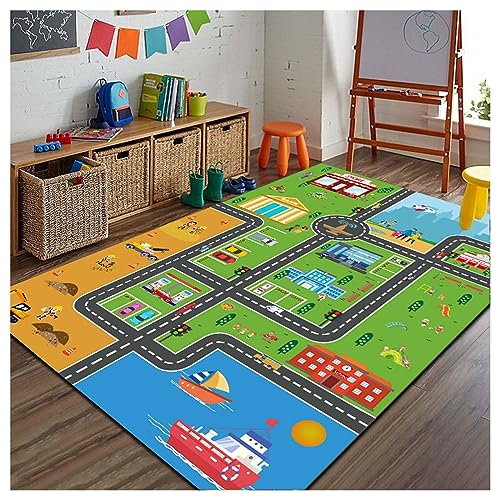 BYINGWD Rutschfester Teppich für Kinderzimmer, Spielmatte für Kindergarten-Klassenzimmer, Jungen-Mädchen-Stadtstraßenteppich für Schlafzimmer und Spielzimmer(Green-Rug,80×120cm) von BYINGWD