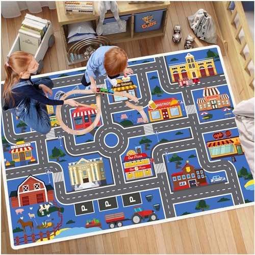 BYINGWD Rutschfester Teppich für Kinderzimmer, Spielmatte für Kindergarten-Klassenzimmer, Jungen-Mädchen-Stadtstraßenteppich für Waschbar(blue1,80×120cm) von BYINGWD