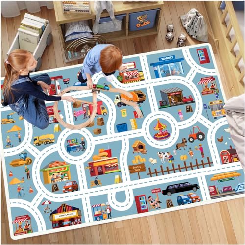 BYINGWD Rutschfester Teppich für Kinderzimmer, Spielmatte für Kindergarten-Klassenzimmer, Jungen-Mädchen-Stadtstraßenteppich für Waschbar(blue2,120×180cm) von BYINGWD