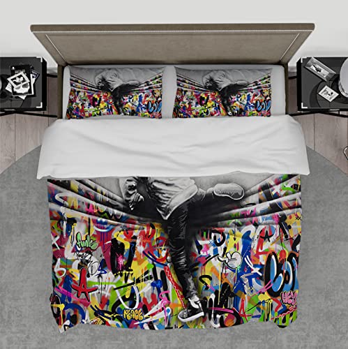 Banksy Behind Art auf Bettbezug Set Schwarz Graffiti Print Dekorative Bettwäsche 3 teilig Moderne Street Art Bettbezug mit Reißverschluss 135x200cm von BYJING Art