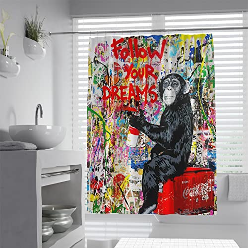 Banksy Duschvorhang, Graffiti-Kunst, Badezimmer-Duschvorhänge, Bedruckt, Follow Your Dreams, Vorhang-Set mit Haken, maschinenwaschbar, 120 W x 180 l von BYJING Art