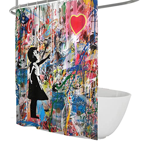 Banksy Graffiti Art Duschvorhang Street Art Duschvorhang Abstraktes Mädchen mit rotem Ballon Duschvorhang Set mit 12 Haken 120x200cm von BYJING Art