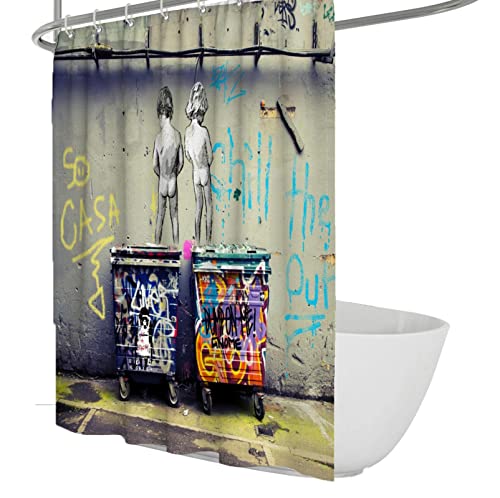 Duschvorhänge im Banksy-Stil für Badezimmer, lustiges Graffiti-Street-Art -Duschvorhang-Set mit 12 Haken, waschbarer und schnell trocknender Vorhang mit Haken, 180 W x 180 L von BYJING Art