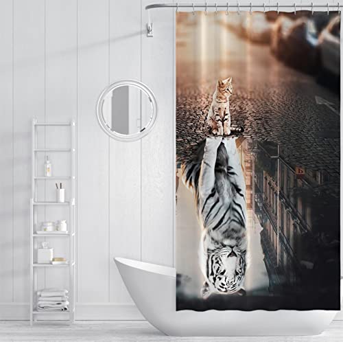 Inspirierendes Duschvorhang-Set, Tiger-Katze-Reflexion, Straßenansicht, dekorativer Badezimmer-Duschvorhang, Badewanne, wasserdichtes Polyester, kein Stanzen, 180 W x 200 l von BYJING Art