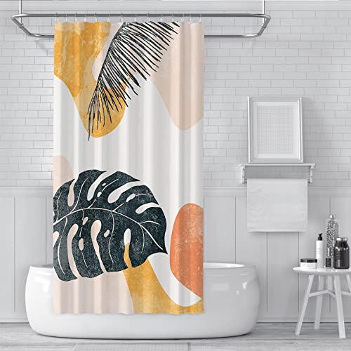 Palmblatt-Duschvorhänge für Badezimmer, modernes Minimalismus-Badvorhang-Set, grün, orange, Polyestergewebe, Badezimmerzubehör, 12 Haken, 120 x 200 cm von BYJING Art