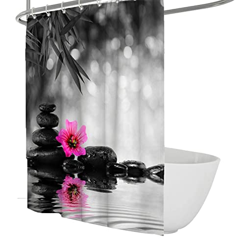 Schwarz-weißer Duschvorhang, Zen-Stein, rosa Orchidee, Yoga-Duschvorhang-Set, Elegantes Badezimmer-Badewannen-Vorhang-Dekor, Polyester, wasserdicht, 180 W x 180 l von BYJING Art