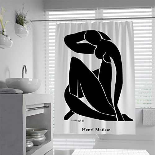 Schwarz-weißer Duschvorhang für Badezimmer Henri Matisse Duschvorhang Abstrakter Scherenschnitt Duschvorhang Set Badewannendekoration mit Haken 120 x 200 cm von BYJING Art