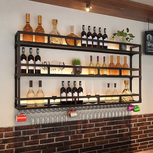 Industrielles Wand-Weinregal mit LED-Beleuchtung,Flaschenregal,3-stufiges Metallregal für Weinflaschen,weinflaschenhalter,elegantes Bar-Regal für Küche Weinkeller(80*25*90cm(31.5*9.8*35.4in)) von BYJSJY