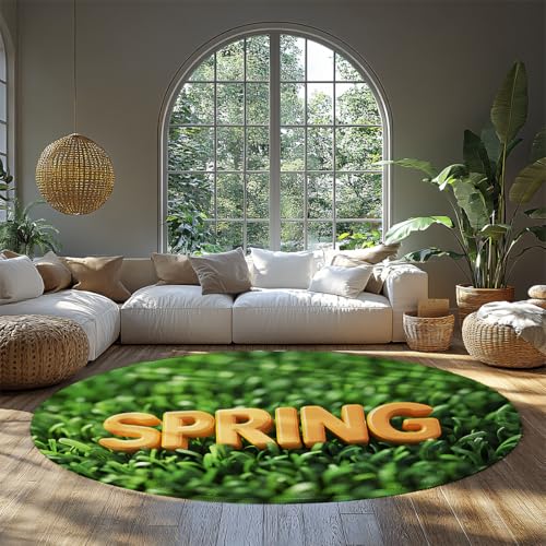 BYLEEHOMED 3D Frühling Botanischer Kreis Teppiche 210 cm Wohnzimmer Schlafzimmer Großer grüner Gras Weicher Kurzflor Runder Teppich für Wohnzimmerdekoration von BYLEEHOMED