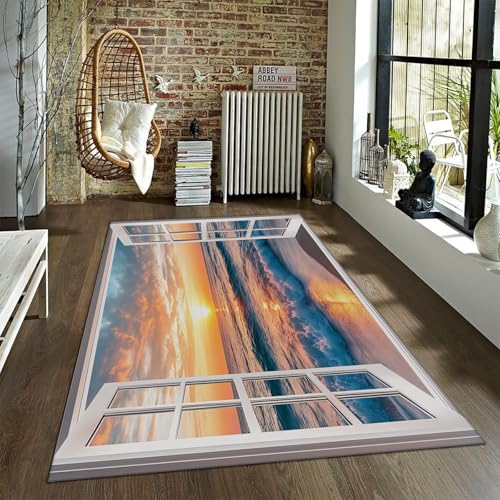 BYLEEHOMED 3D Ocean View Teppiche mit Sunset Window Design Waschbarer Rutschfester Teppich für Wohnzimmer Visual Illusion Teppich Bodendekoration 60x120cm von BYLEEHOMED