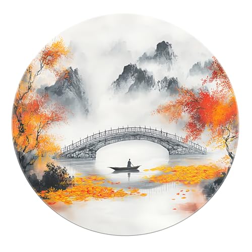 BYLEEHOMED Asien Japanischer Kreis Teppich 210 cm Vintage Einfache Brücke Tinte Druck Teppiche für Schlafzimmer Rutschfester waschbarer Teppich für Spa Salone Dekor von BYLEEHOMED