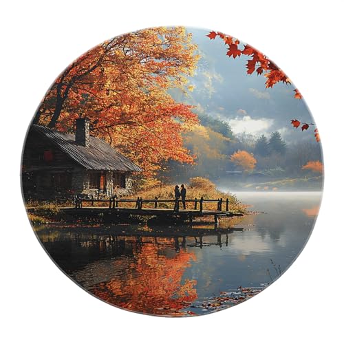 BYLEEHOMED Autumn Home Round Area Teppich 180 cm Rustikale Herbstlandschaft rutschfeste Bodenmatte Lakeside Cottage Print Rutschfester Kreisteppich für Schaukelstuhl von BYLEEHOMED