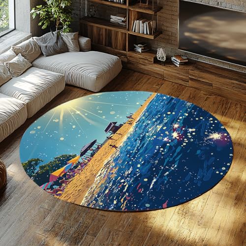 BYLEEHOMED Beach Resort Runde Teppiche 180 cm Sommer Strand Szene Weicher Kurzflor Sonnenbaden Kreis Teppich für Wohnzimmer Flur Dekorative Ästhetik von BYLEEHOMED