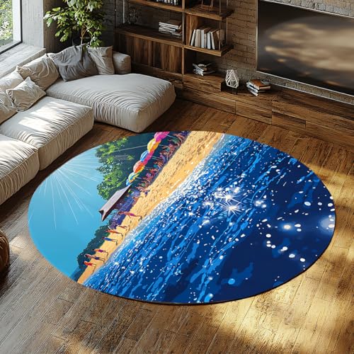 BYLEEHOMED Beach Scene Indoor Circle Teppiche für den Eingangsbereich Deep Blue Ocean Sonnenschirme Muster Rutschfester Gummi Circle Teppich für Leseecke 150 cm von BYLEEHOMED