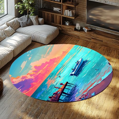 BYLEEHOMED Beach Sunset Circle Teppich 210 cm Tropischer hawaiianischer Stil Weicher, Rutschfester runder waschbarer Teppich für Küche Esszimmer Heimdekoration von BYLEEHOMED