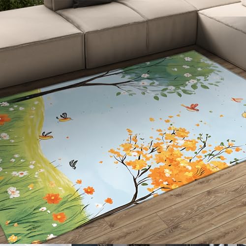 BYLEEHOMED Cartoon Blumen Bereich Teppich 140x200cm Frühling Wiese und Vogel Muster Teppich für Wohnzimmer Schlafzimmer rutschfeste waschbare High Traffic Teppiche BYLEEHOMED Cartoon Blumen Bereich Teppich 140x200cm Frühling Wiese und Vogel Muster Teppich für Wohnzimmer Schlafzimmer rutschfeste waschbare High Traffic Teppiche von BYLEEHOMED
