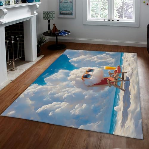 BYLEEHOMED Cartoon Cloud Urlaub Teppich 100x150cm Strand Lounge Sessel und Ocean Sky Print Teppiche für Resort Hotel helle Farbe weicher niedrigfloriger Teppich von BYLEEHOMED