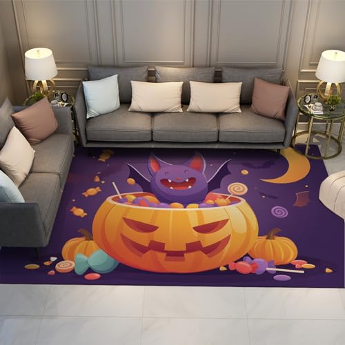 BYLEEHOMED Cartoon Kürbis Laterne und Fledermäuse Willkommen Fußmatte Home Decor Low-Profile Teppich Lila rutschfeste Boden-Fußmatte für die Innendekoration 100x150cm von BYLEEHOMED