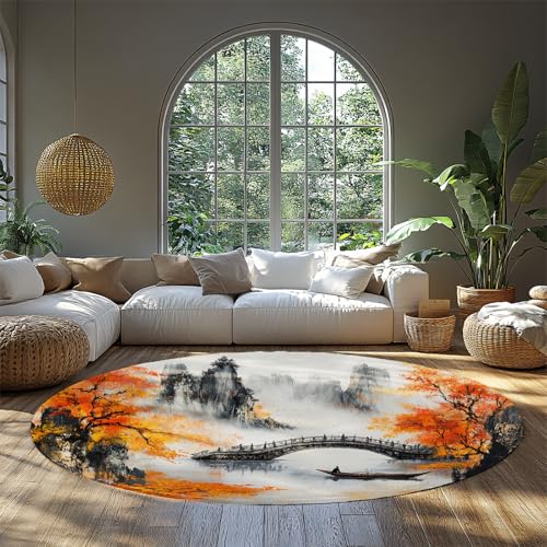 BYLEEHOMED Chinesische Klassische Malerei Druck Kreis Teppich 90 cm Asia Ink Landschaft rutschfeste runde Teppiche für ruhige Meditation Raum Spa Tea Room von BYLEEHOMED
