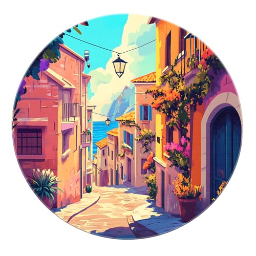 BYLEEHOMED City Corner Scenery Runde Teppiche für Wohnzimmer Europäische mittelalterliche Stadt weicher maschinenwaschbarer Rutschfester Kreisteppich für Wohnkultur 210 cm von BYLEEHOMED