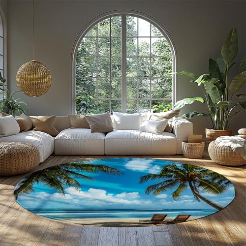 BYLEEHOMED Coastal Beach Runder Teppich 90 cm Tropische Kokospalmen Muster Kreis Teppiche Rutschfester weicher Teppich für Schlafsaal Klassenzimmer Raumdekoration von BYLEEHOMED