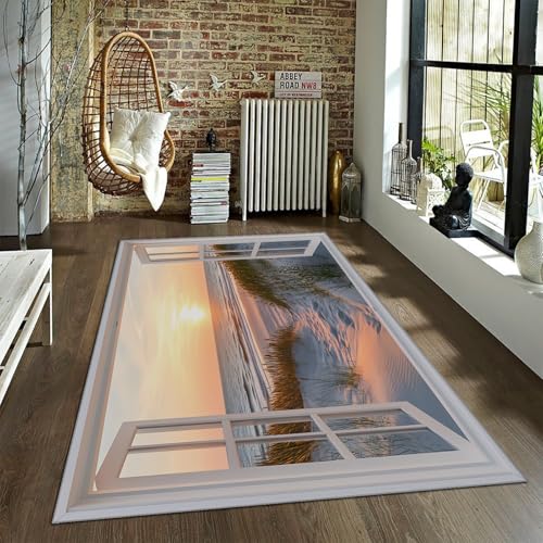 BYLEEHOMED Coastal Beach Seaside Sand Area Teppich 150x210cm Weich Maschinenwaschbar 3D Fenstereffekt Trockenes Unkraut Haustür Matte für Wohnzimmer Schlafzimmer von BYLEEHOMED