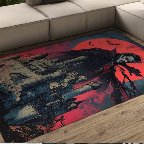 BYLEEHOMED Dunkelrote Fußmatte Shabby Chic Castle Eingangsteppich Maschinenwaschbar Teuflisch Blutrot Vollmond Rutschfester Teppich mit niedrigem Flor 120x160cm von BYLEEHOMED