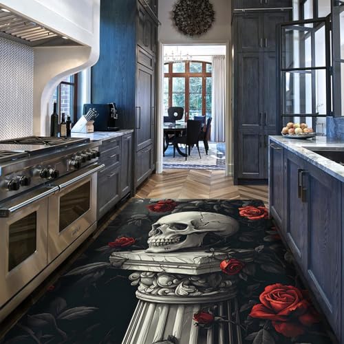 BYLEEHOMED Dunkler Kleiner Teppich Vintage Rose Schädel Skulptur Waschbarer Eingangsteppich Rutschfester Blumenüberwurf oft niedrigflorige Türmatte für Schlafzimmer 120x170cm von BYLEEHOMED