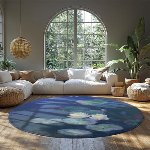 BYLEEHOMED Dunkler waschbarer runder Teppich 120 cm Monet Stil Seerose niedriger Flor Rutschfester Kreis Teppich Natur Landschaft Design Weiches Wohnzimmer Dekor von BYLEEHOMED