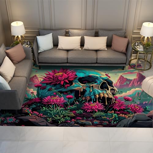 BYLEEHOMED Einzigartiger floraler Schädelbereich Teppich 120x180cm - Cartoon Schädel Schlafzimmer Teppich für Wohnzimmer Cafe Fantasy Illustration Thema weicher niedriger Florteppich von BYLEEHOMED