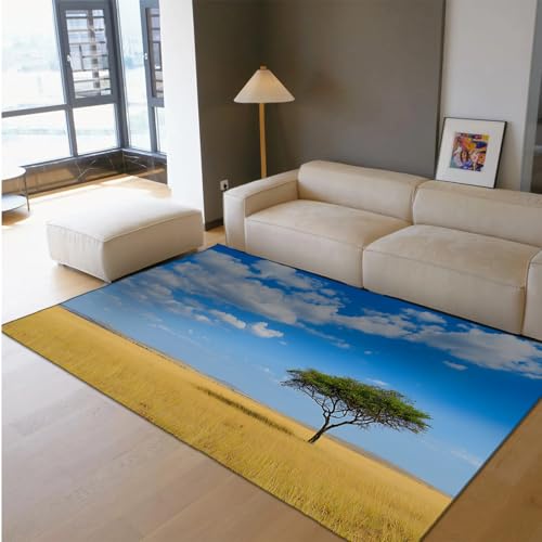 BYLEEHOMED Feld unter Himmel Bereich Teppiche Sommer Land Wohnzimmer Bodenmatte Einsamer Baum im Weizenfeld Druck rutschfeste waschbare Teppiche 140x200cm von BYLEEHOMED
