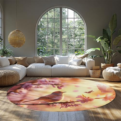 BYLEEHOMED Floral Bird Print Runder Teppich 150 cm Kirschblütenzweig niedriger Flor waschbarer Kreisteppich mit Gummirücken für das Wohnzimmer BYLEEHOMED Floral Bird Print Runder Teppich 150 cm Kirschblütenzweig niedriger Flor waschbarer Kreisteppich mit Gummirücken für das Wohnzimmer von BYLEEHOMED
