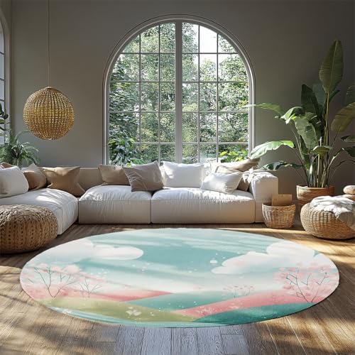 BYLEEHOMED Frühling Runde Fläche Teppich 90 cm Weiche Niedliche Farben Fantasy Hills Print Kreis Teppich rutschfest waschbar Bauernhaus Nachttisch Dekorationen von BYLEEHOMED