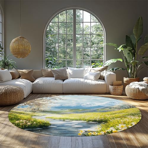 BYLEEHOMED Frühling Saisonal Natur Thema Kreis Teppich 150 cm Land Hügel Narzissen Blumen Runder Teppich Waschbar rutschfeste Leseecke Dekor von BYLEEHOMED