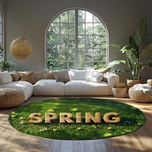 BYLEEHOMED Frühling Thema Kreis Teppich 180 cm Dunkelgrün Gras und 3D Buchstabendruck Blumen Rutschfester waschbarer runder Teppich für Wohnzimmer Schlafzimmer von BYLEEHOMED