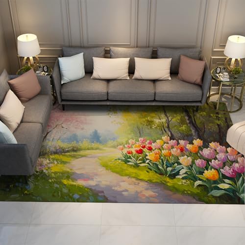 BYLEEHOMED Frühling Tulip Teppiche 60x120cm Low Flor Blumen Garten Waschbarer Teppich für Klassenzimmer Landhausstil Teppich mit Gummirücken Wohnheim Dekor von BYLEEHOMED