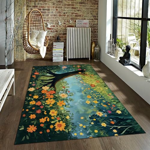 BYLEEHOMED Frühling Wildblumen Bereich Teppich 100x150cm Heller Blumen Cartoon Teppich für Schlafzimmer Blühende helle Blumen Druck Indoor rutschfeste Teppiche von BYLEEHOMED