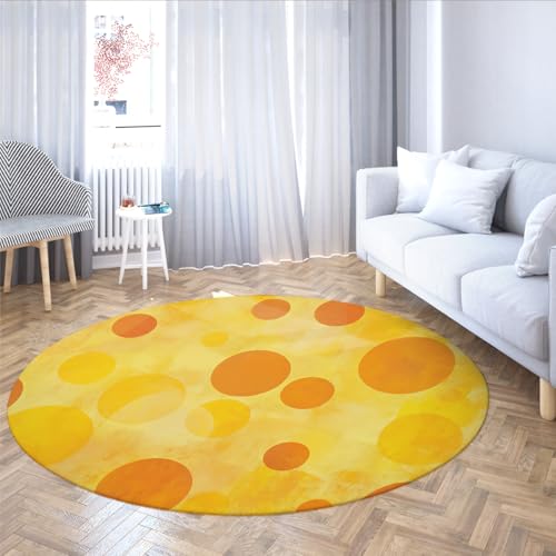BYLEEHOMED Gelbe Serie Kreis Bereich Teppiche 120 cm Maschinenwaschbar Atmungsaktiv Cartoon Orange Polka Dots Runder Teppich für Wohnzimmer unter Tisch von BYLEEHOMED