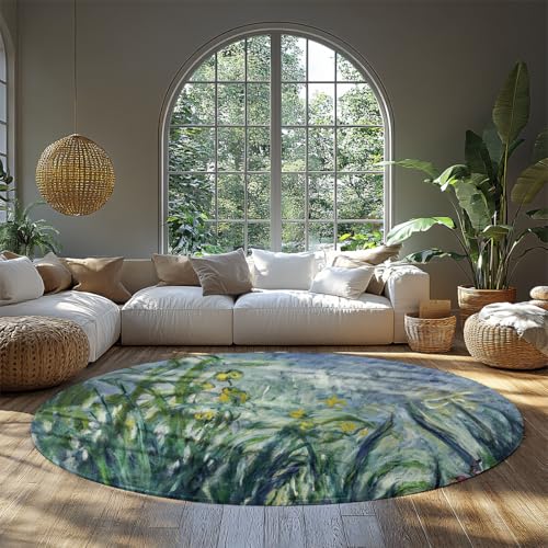 BYLEEHOMED Gelber und lila Iris-Design-Teppich mit runder Fläche 210 cm Nature Landscape weicher runder Teppich mit niedrigem Flor unter einem runden Esstisch von BYLEEHOMED