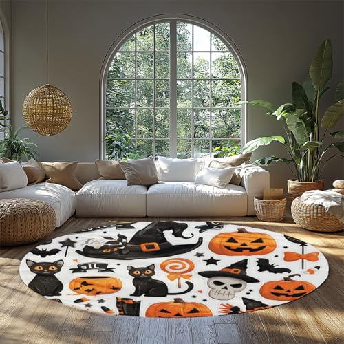 BYLEEHOMED Gothic Schwarze Katze und Schädel Indoor runder Teppich Kürbis Laterne rutschfeste Kreisteppiche für Veranda Insider Wohnzimmer Halloween Goth Dekor 210 cm BYLEEHOMED Gothic Schwarze Katze und Schädel Indoor runder Teppich Kürbis Laterne rutschfeste Kreisteppiche für Veranda Insider Wohnzimmer Halloween Goth Dekor 210 cm von BYLEEHOMED