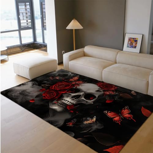 BYLEEHOMED Gruseliger Totenkopf- und Rosenteppich 120x170cm Dunkler Preppy-Stil Haustür Dekorative Matte Inferno Schädel Waschbarer Teppich für den Eingangsbereich Bauernhaus von BYLEEHOMED