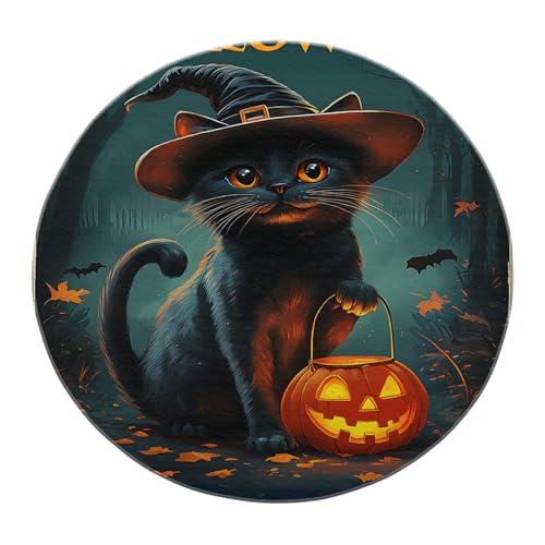 BYLEEHOMED Halloween Fußmatte Scary Witch Black Cat rutschfeste runde Teppiche für Dark Academia Halloween Indoor Home Circle Teppich für Couchtisch 210 cm von BYLEEHOMED