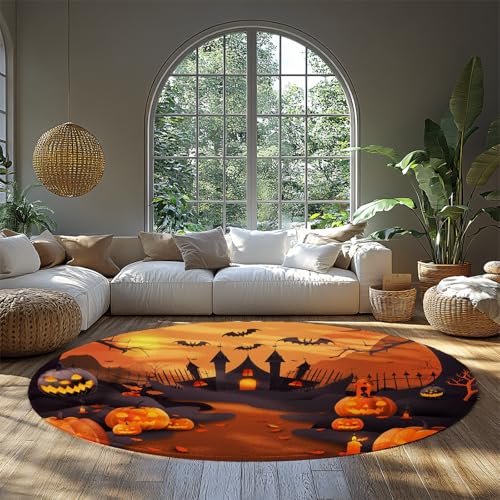 BYLEEHOMED Halloween Kleine Teppiche Vintage Schloss Runde Teppiche Urlaub Dekor Kürbis Laterne Lustiger Kreis Teppich für Party Couchtisch Dekor 120 cm von BYLEEHOMED