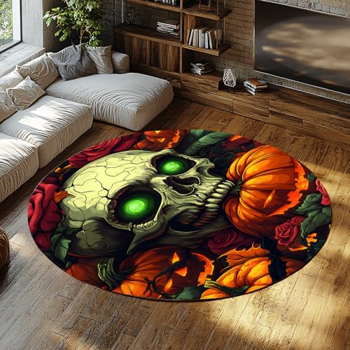 BYLEEHOMED Halloween Schädel Waschbarer Kreis Teppich Rutschfester Vintage Herbst Kürbis Blumen Kleiner niedriger Flor Runder Teppich für Küche Eingangsbereich 120x120cm BYLEEHOMED Halloween Schädel Waschbarer Kreis Teppich Rutschfester Vintage Herbst Kürbis Blumen Kleiner niedriger Flor Runder Teppich für Küche Eingangsbereich 120x120cm von BYLEEHOMED