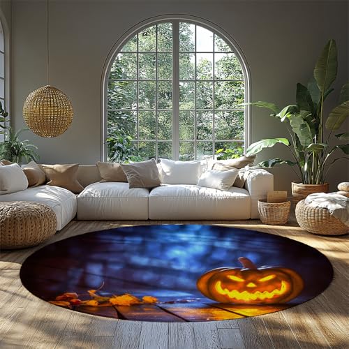 BYLEEHOMED Happy Halloween Runder Teppich Gruseliger Kürbis Laterne Kreis Teppich Niedrigflor Bauernhaus Herbst Nacht Szene Bodenmatte für Ankleidebereich 210 cm BYLEEHOMED Happy Halloween Runder Teppich Gruseliger Kürbis Laterne Kreis Teppich Niedrigflor Bauernhaus Herbst Nacht Szene Bodenmatte für Ankleidebereich 210 cm von BYLEEHOMED