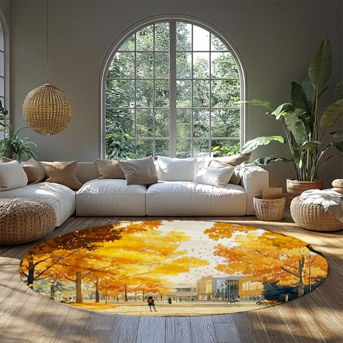 BYLEEHOMED Herbst Campus Landscape Circle Teppich – Goldene Herbstbäume mit Stadtarchitektur Waschbarer, 210 cm Rutschfester runder Teppich für die Dekoration am Bett von BYLEEHOMED