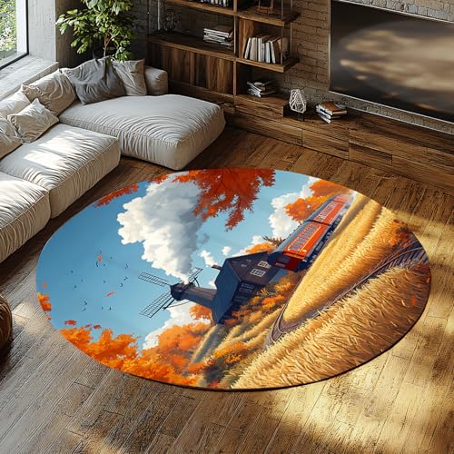BYLEEHOMED Herbst Countryside Circle Teppich 150 cm Rutschfester waschbarer Wohnzimmerteppich Runder Teppich Countryside Windmühle Weizenfeld Print Kücheneingangsteppiche BYLEEHOMED Herbst Countryside Circle Teppich 150 cm Rutschfester waschbarer Wohnzimmerteppich Runder Teppich Countryside Windmühle Weizenfeld Print Kücheneingangsteppiche von BYLEEHOMED