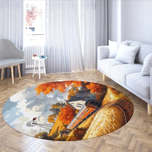 BYLEEHOMED Herbst Landschaft Wohnzimmer Runde Teppiche 90 cm rustikales Weizenfeld waschbarer Kreis Teppich Herbst Eisenbahn Druck Teppich für Esszimmer Gästezimmer von BYLEEHOMED