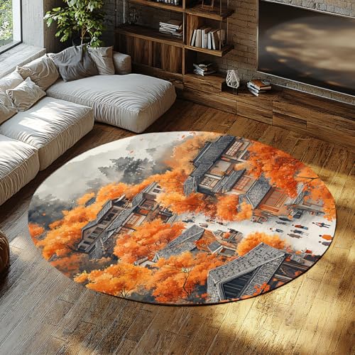 BYLEEHOMED Herbst Runder Indoor-Teppich Leichter Haus im japanischen Stil Ahornblätter Maschinenwaschbare Decke rutschfeste Kreis-Bodenmatte für Wohnzimmer 150 cm von BYLEEHOMED