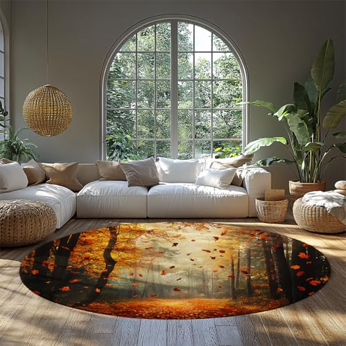 BYLEEHOMED Herbst Schlafzimmer Runde Teppiche 120 cm Unberührter Dschungel mit rotem Ahornwald Indoor Circle Mat Vintage Ländlicher waschbarer Rutschfester Teppich von BYLEEHOMED